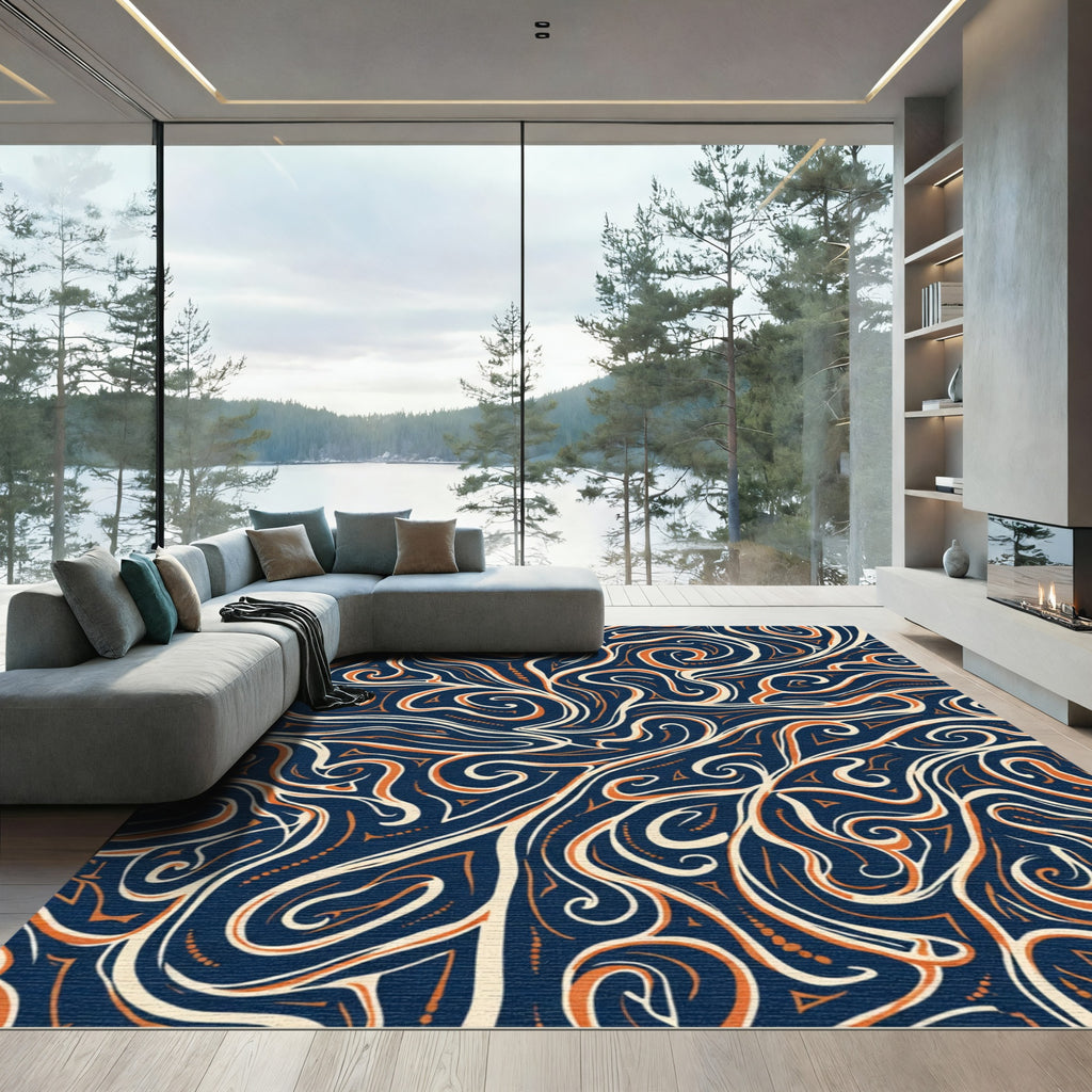 Deep Navy Auburn Swirl Flow Rug