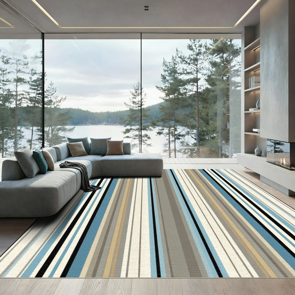 Modern Earthy Blue Stripe Rug