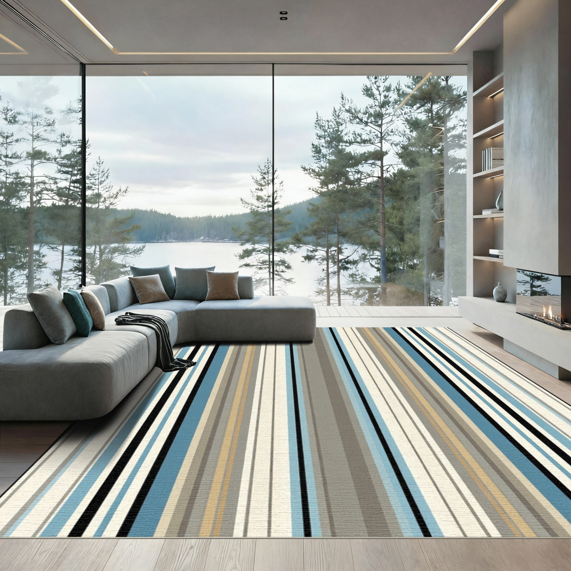 Modern Earthy Blue Stripe Rug