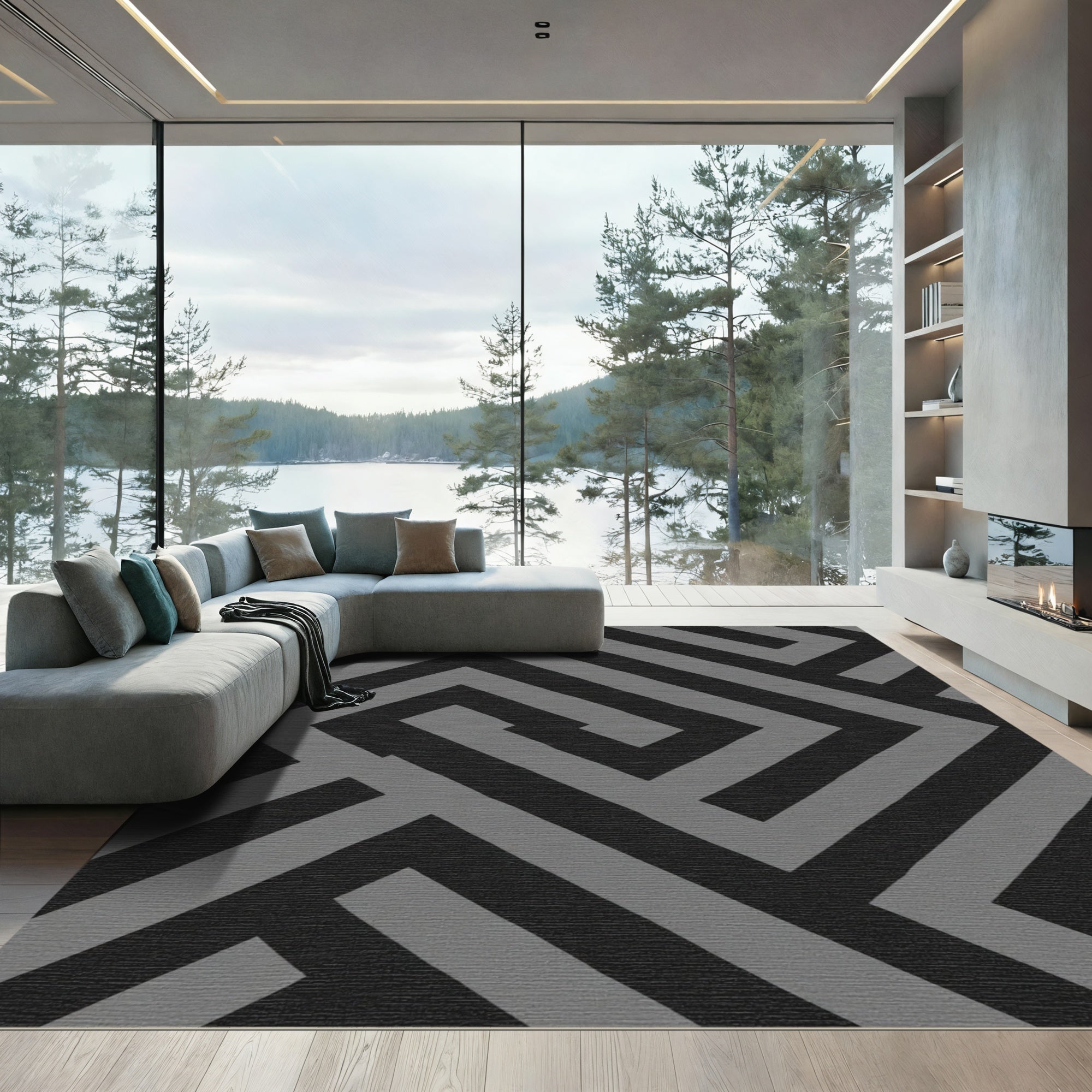 Bold Black Gray Geometric Labyrinth Rug