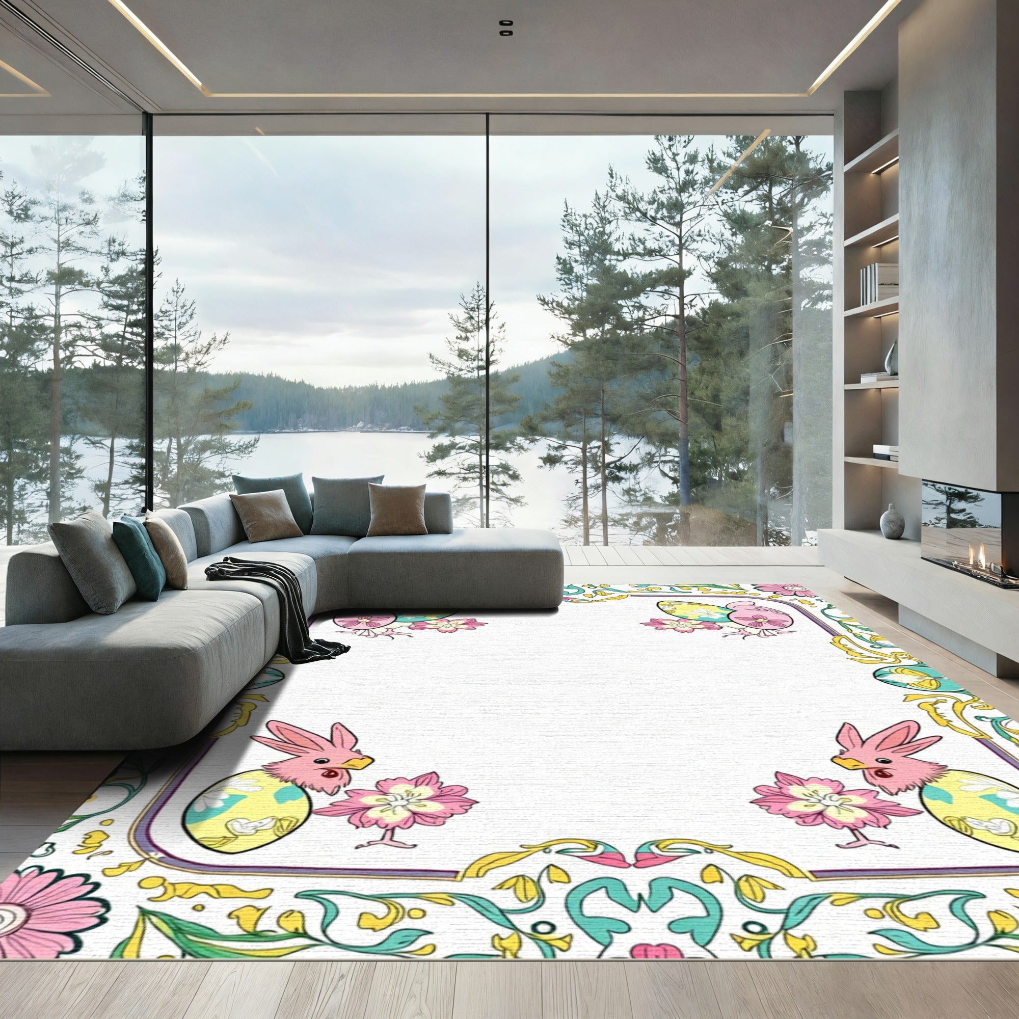 Pink Bunny Egg Floral Border Rug