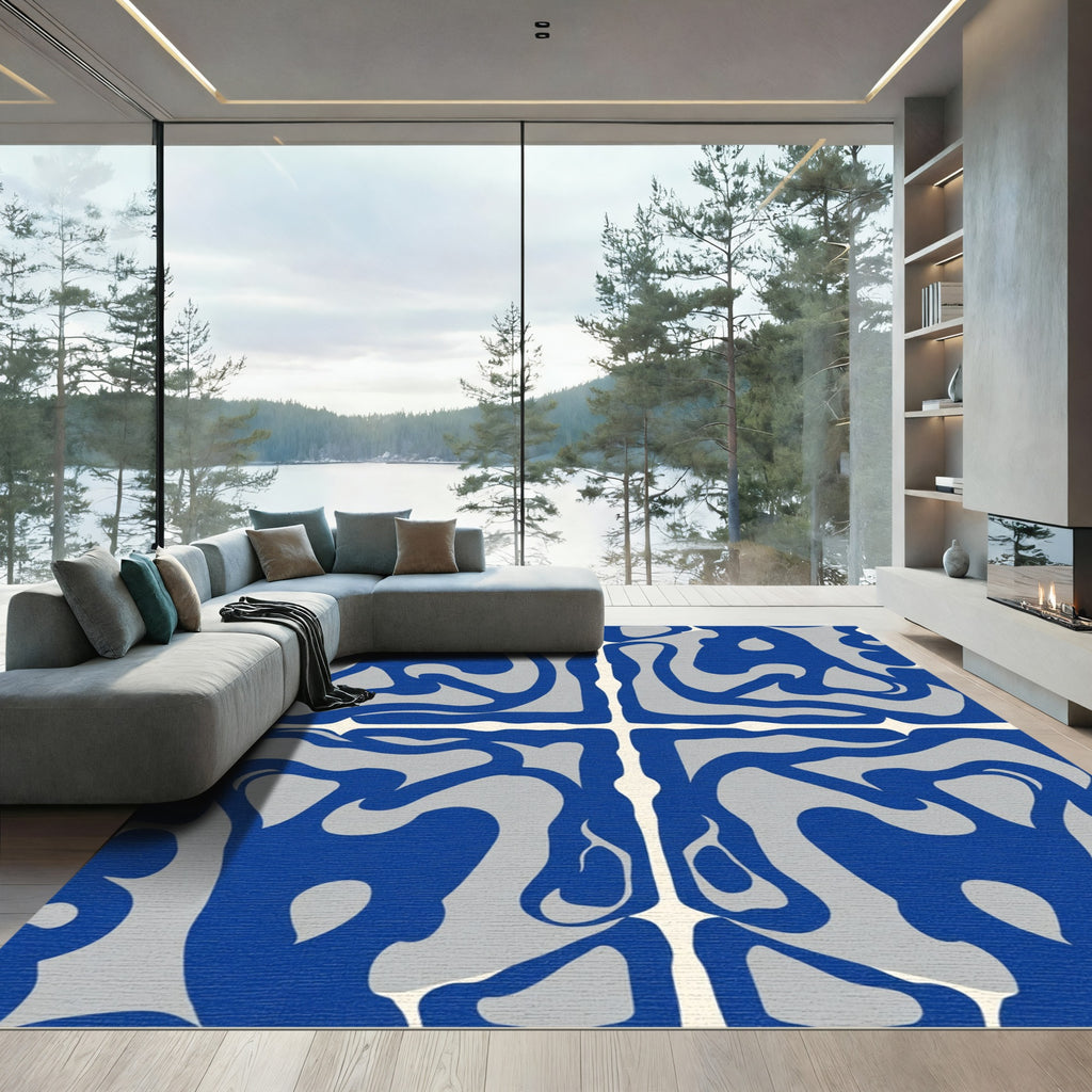 Bold Blue Cream Abstract Interlocking Form Rug