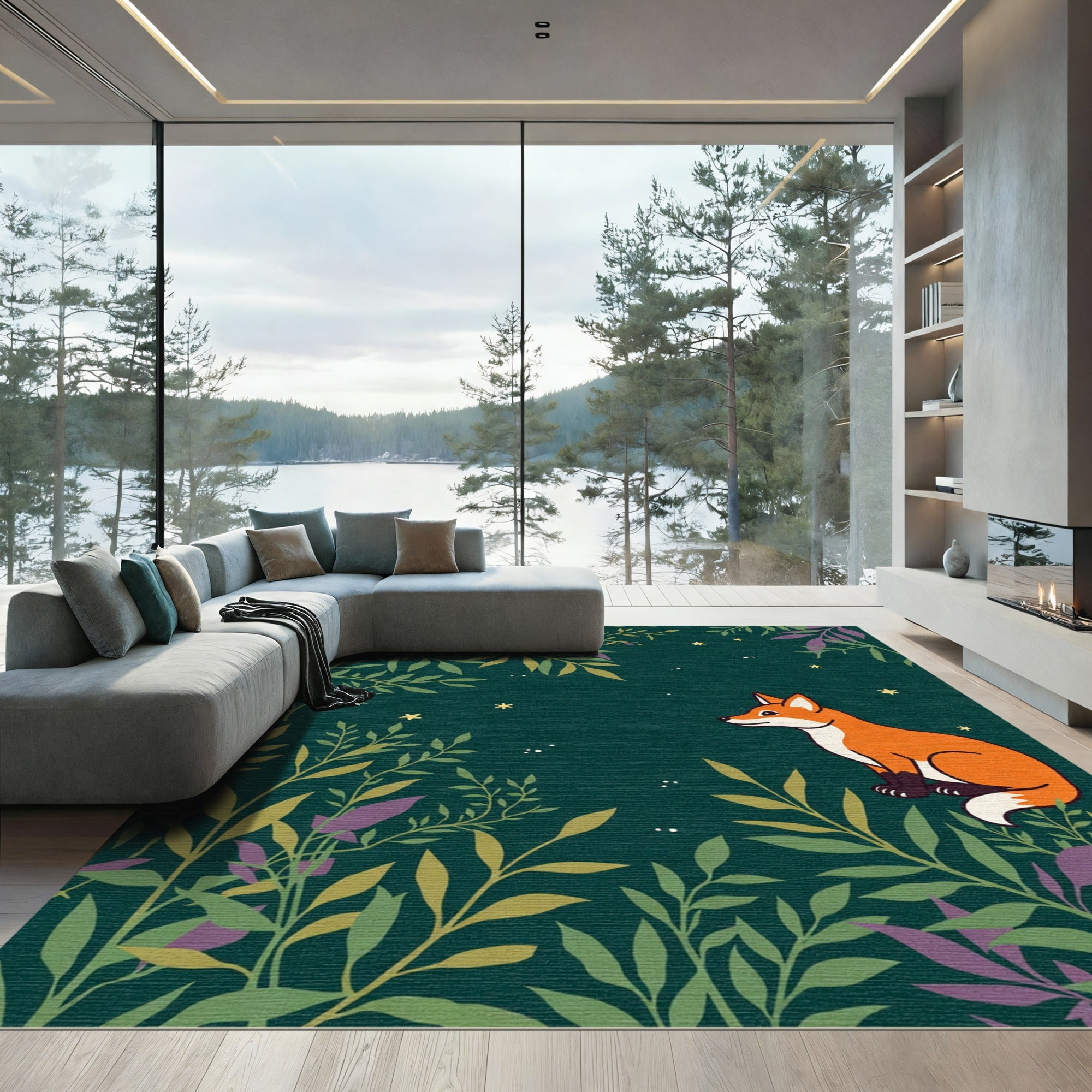 Forest Fox In Starry Night Foliage Rug