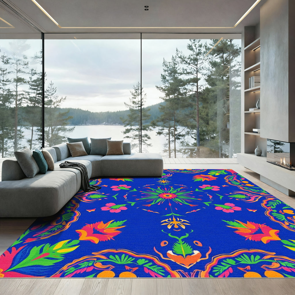 Vibrant Blue Tropical Floral Medallion Rug