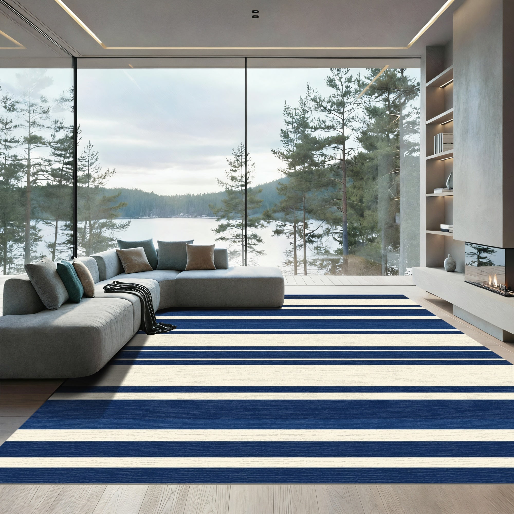 Navy White Ivory Horizontal Stripe Rug