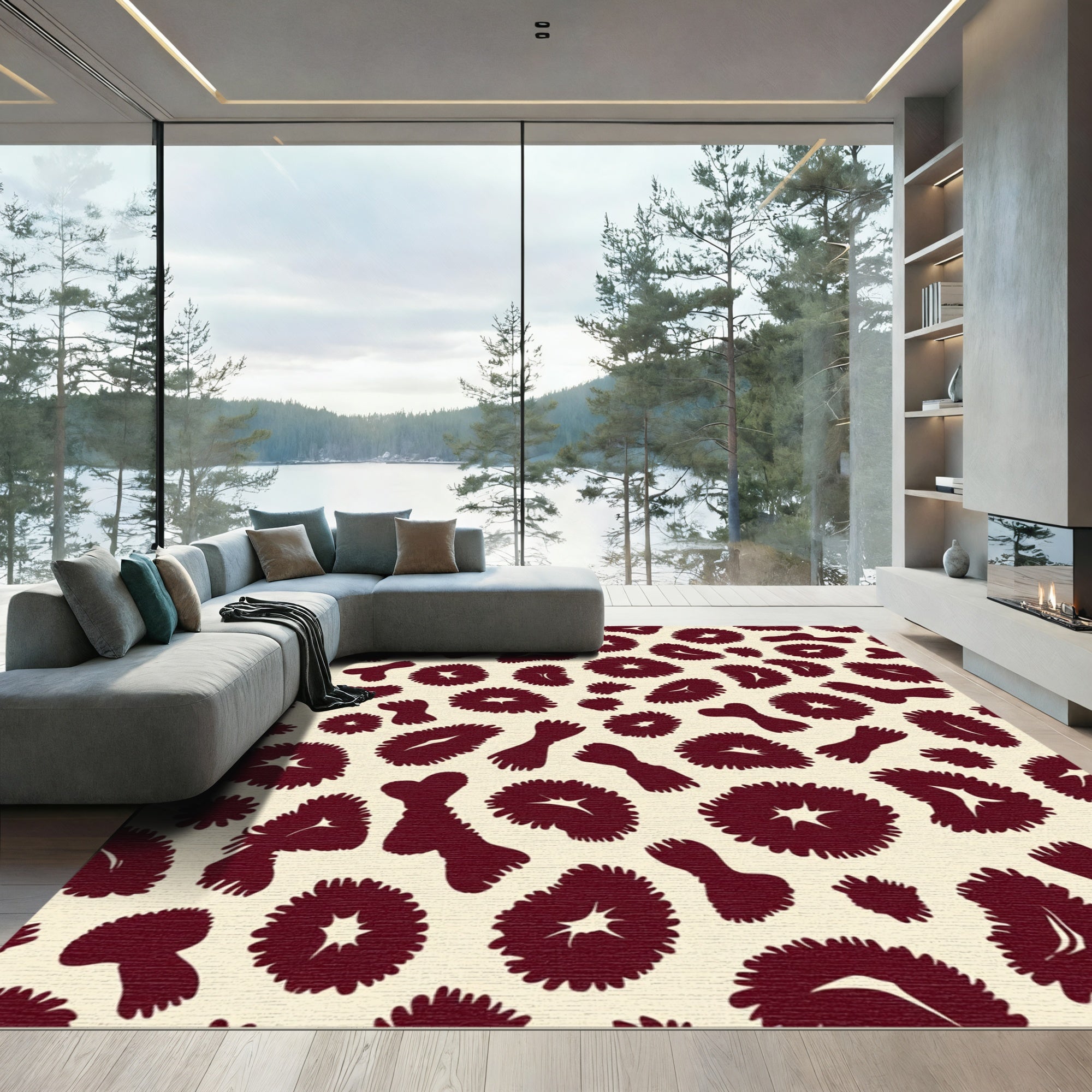 Maroon Abstract Spots Leopard Print Rug