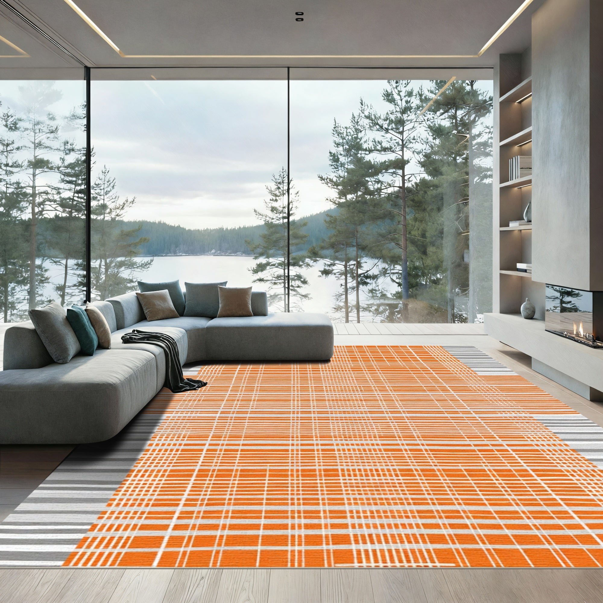 Orange Gray Checked Lines Rug