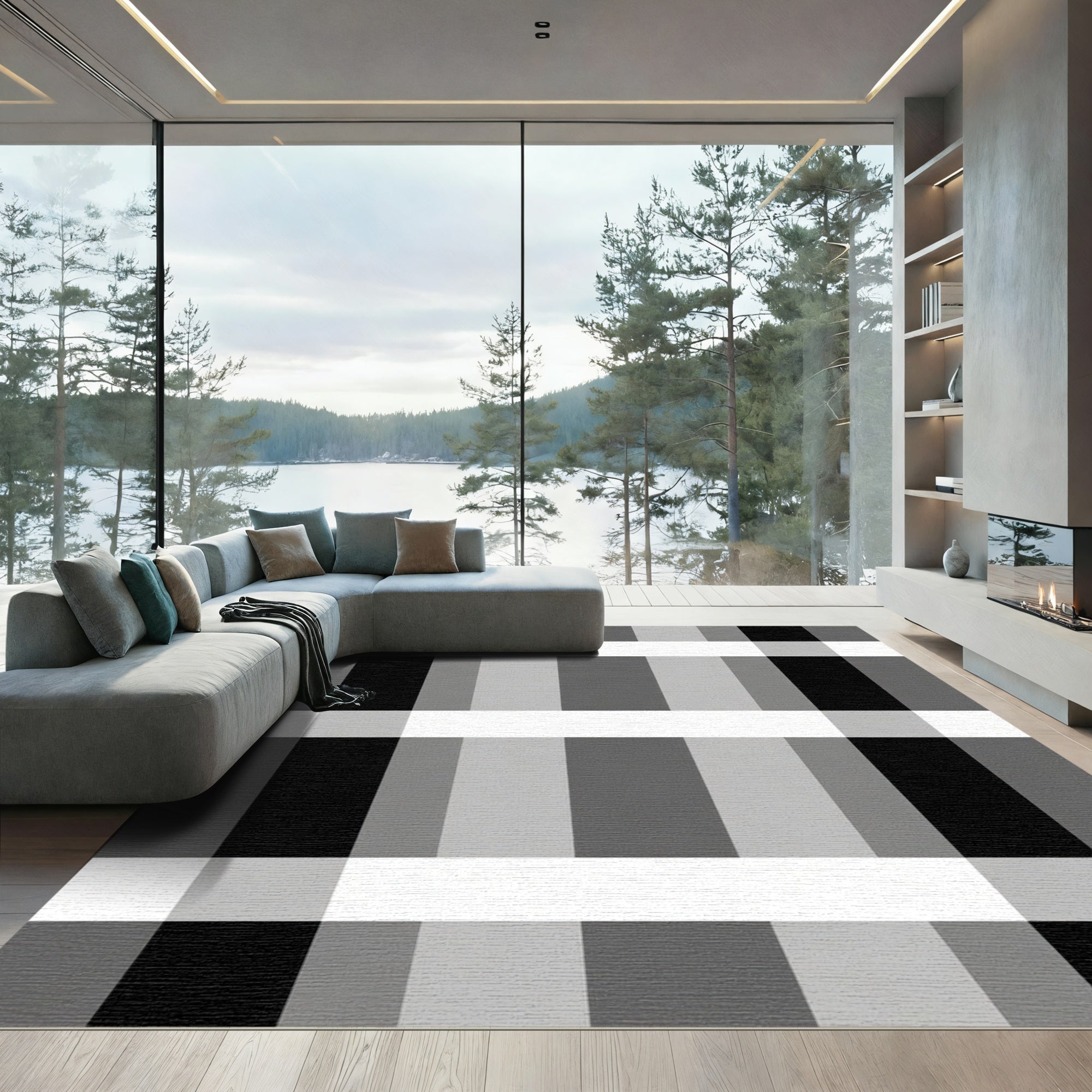 Classic Black Gray White Plaid Rug