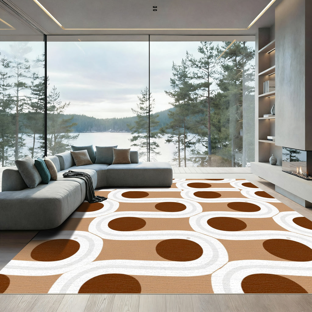 Brown and White Wavy Circles Rug