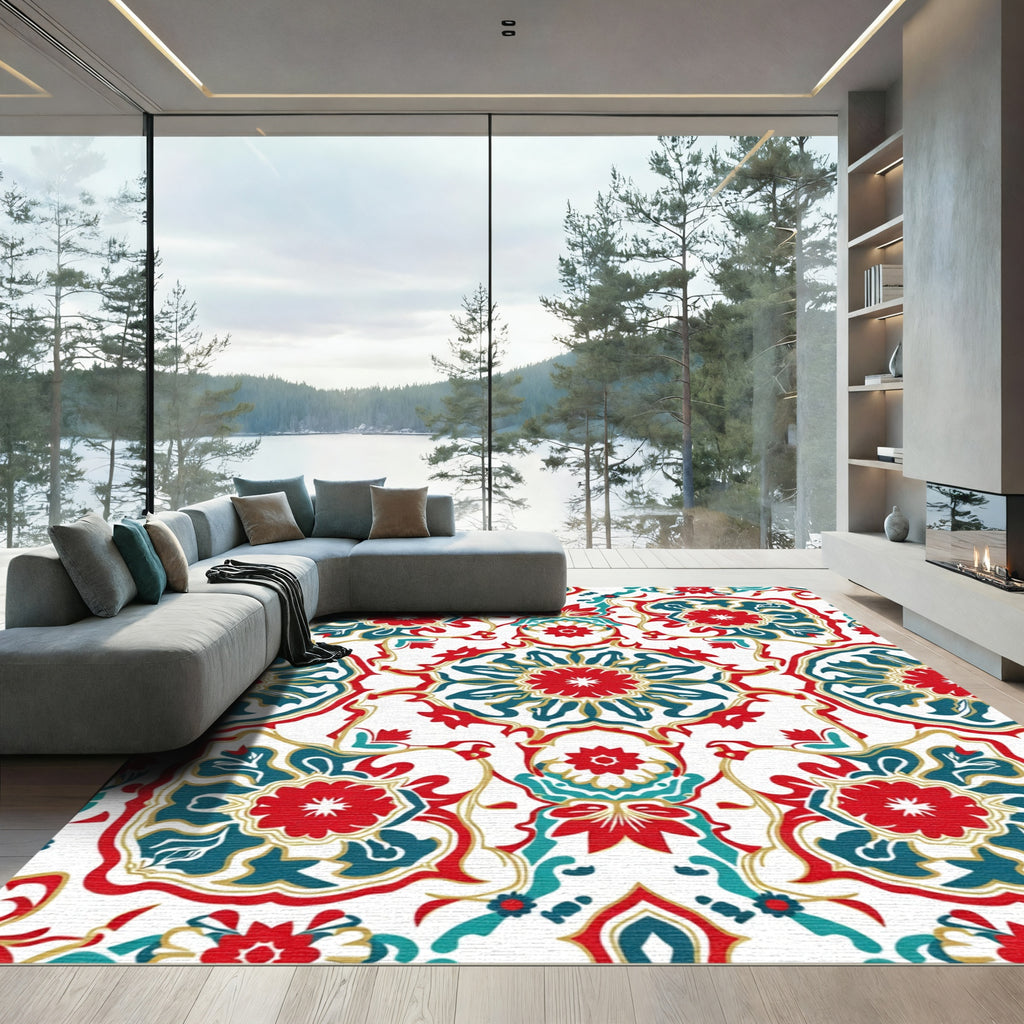 Red Teal Golden Medallion Floral Rug