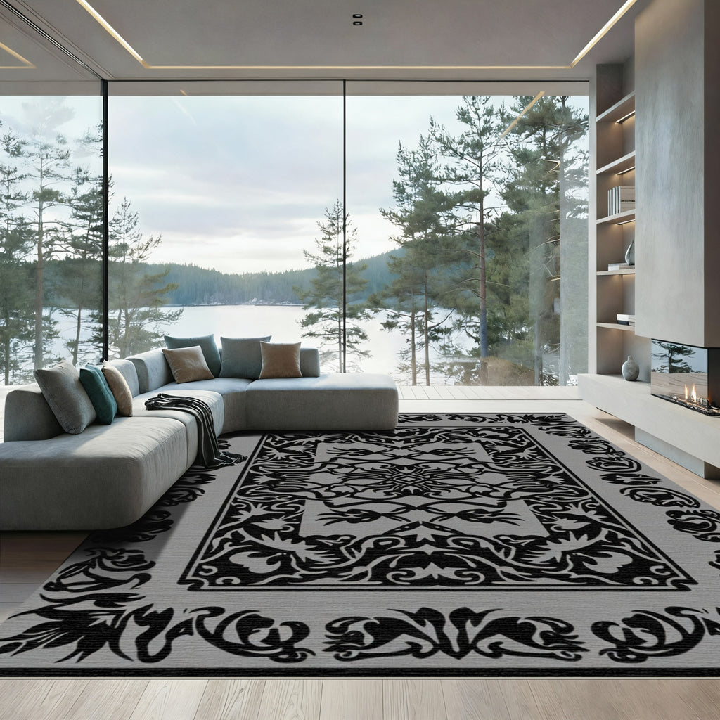 Black Ornate Scrollwork Border Rug