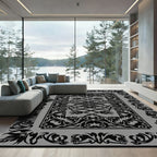 Black Ornate Scrollwork Border Rug