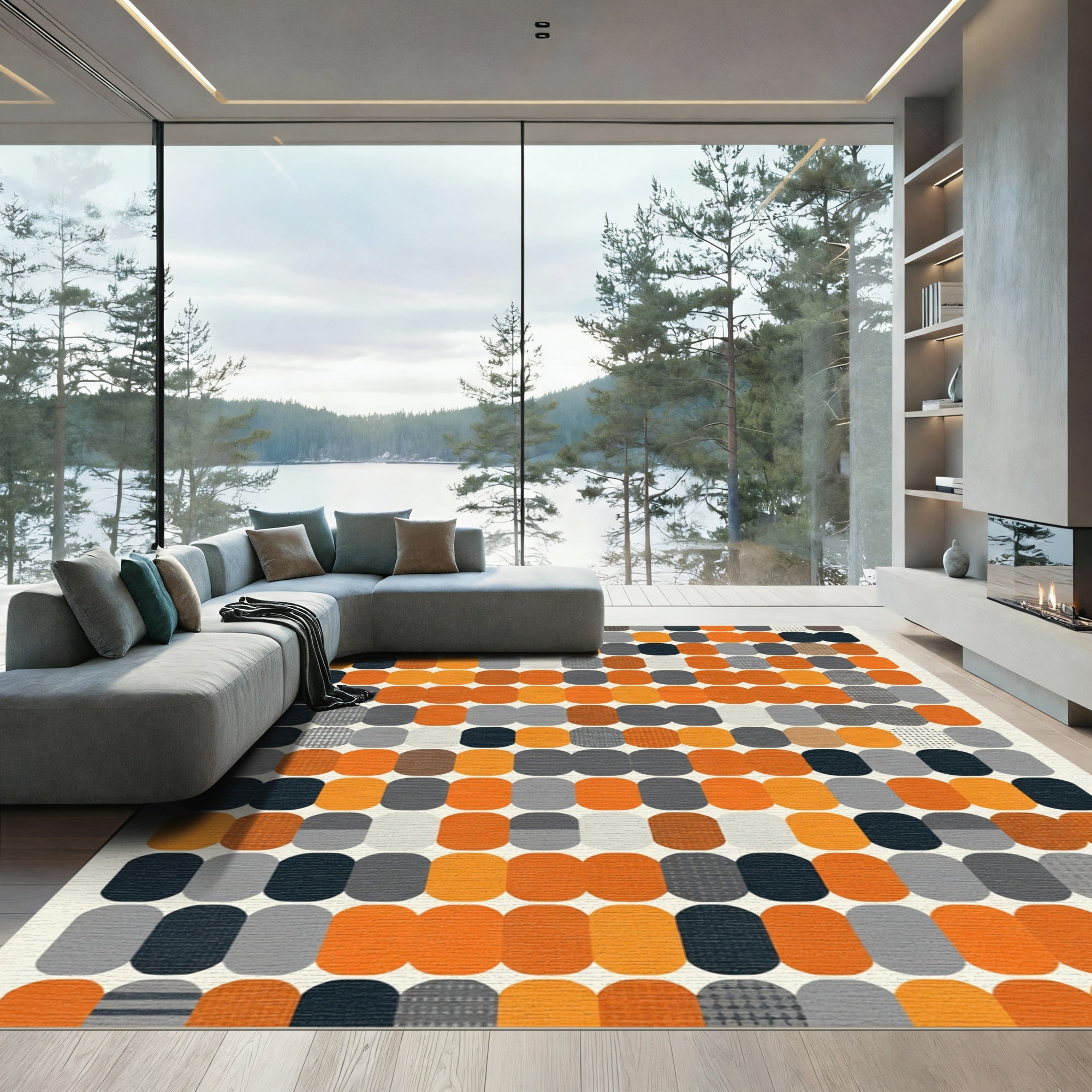 Retro Orange Gray Capsule Grid Rug