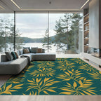 Golden Leafy Branches Teal Rug