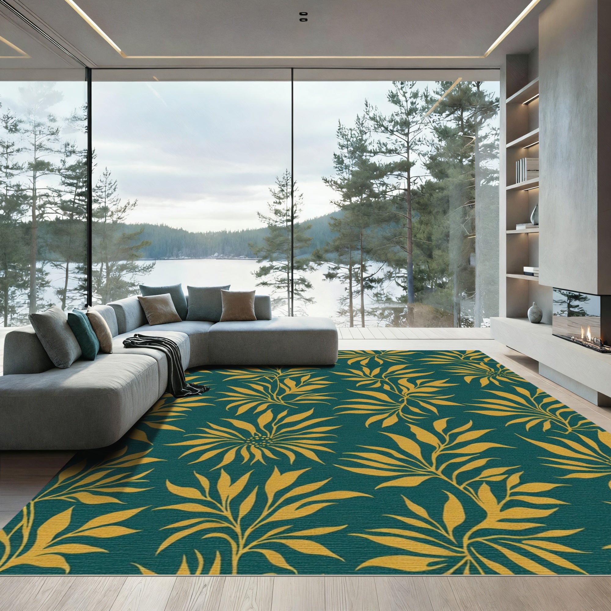 Golden Leafy Branches Teal Rug