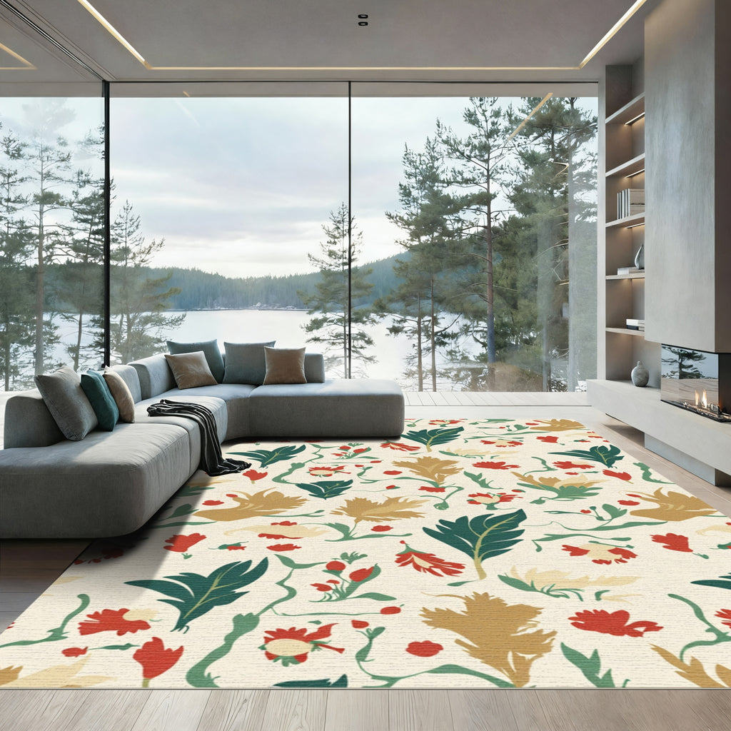 Delicate Red Brown Green Nature Blossoms Rug