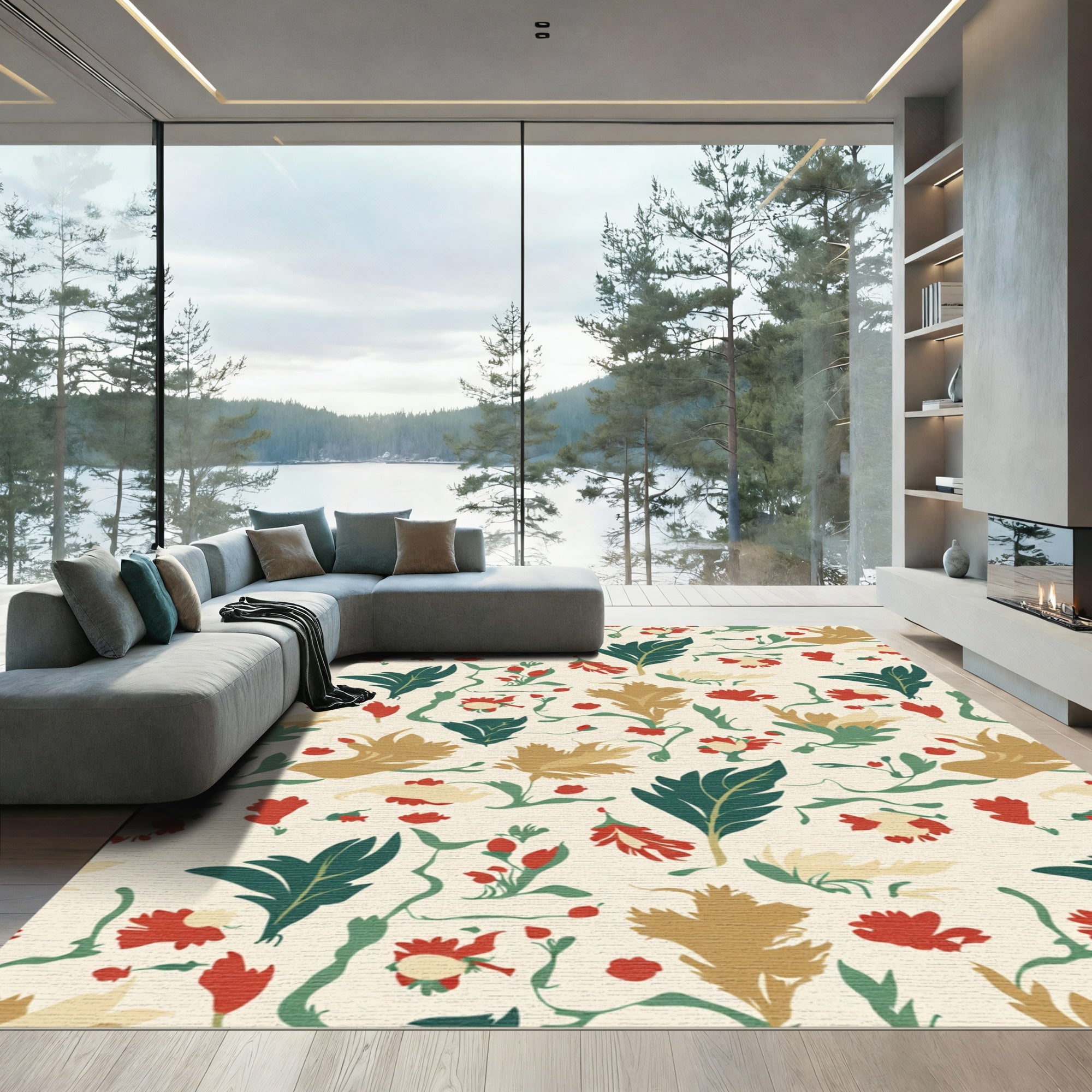 Delicate Red Brown Green Nature Blossoms Rug