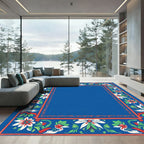 Classic Blue Floral Botanical Border Rug