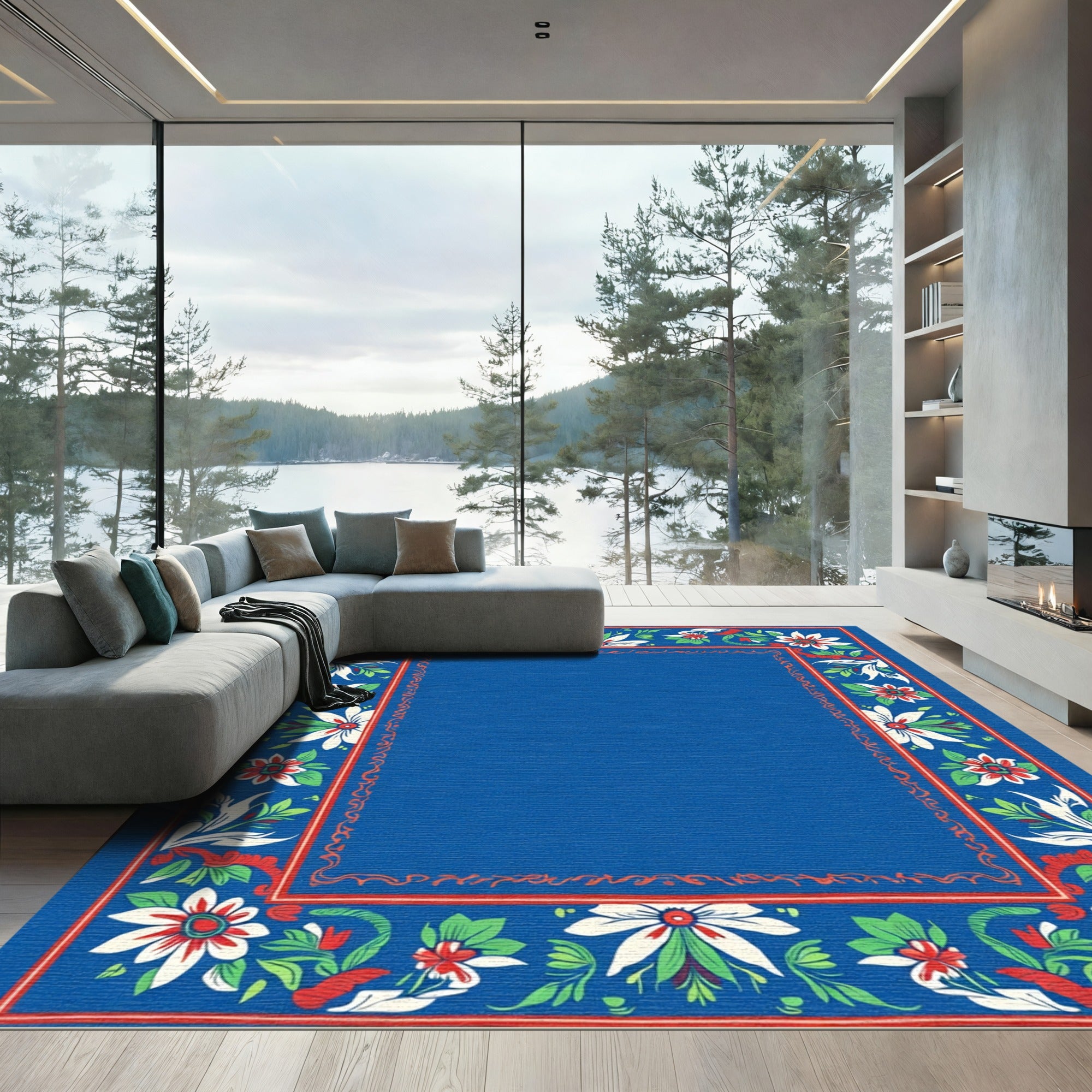Classic Blue Floral Botanical Border Rug