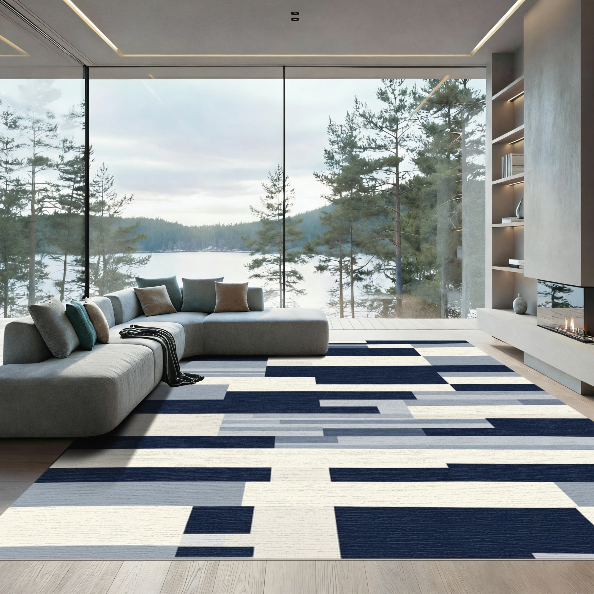 Modern Navy Light Gray Rectangles Rug