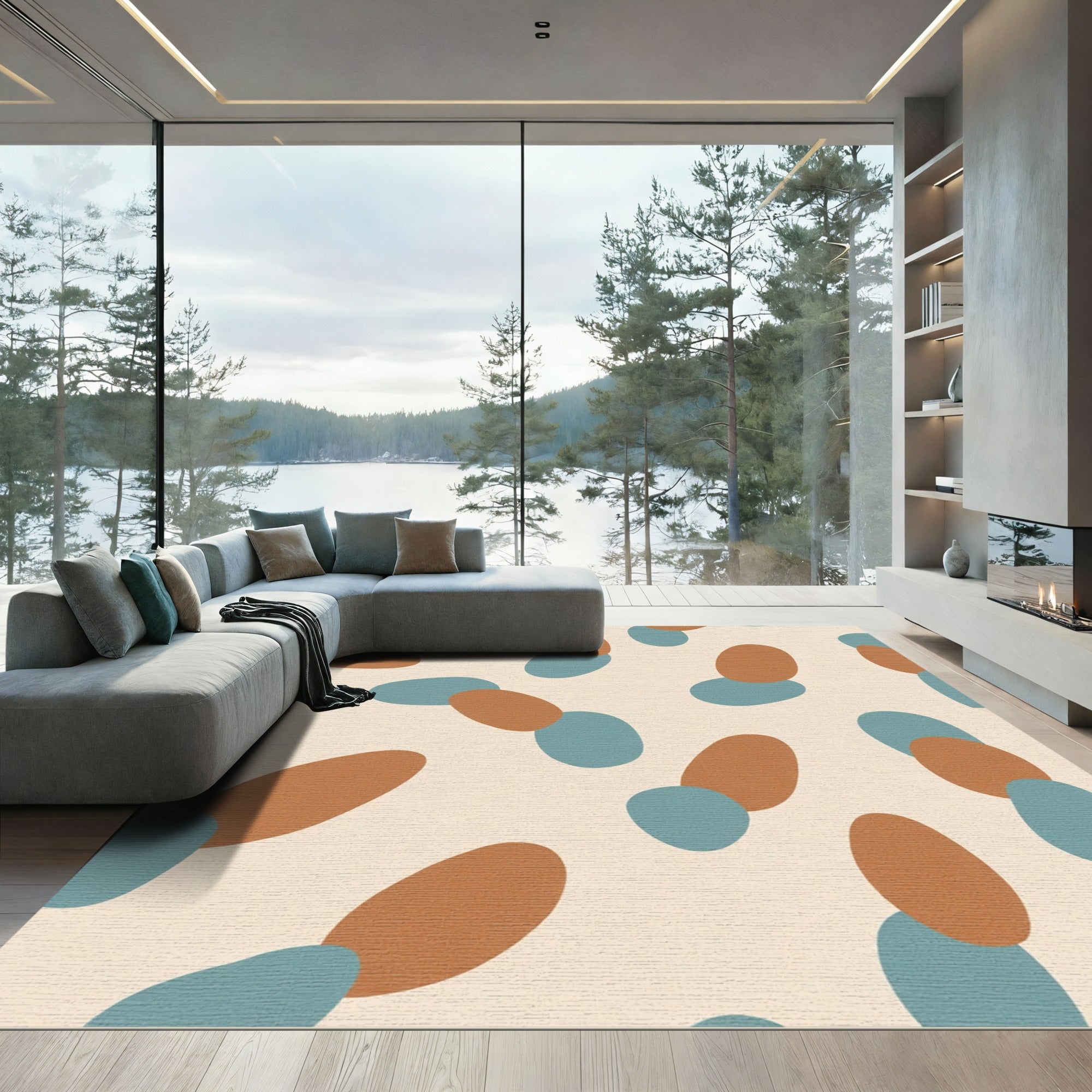 Terra Cotta Blue Organic Shapes Rug
