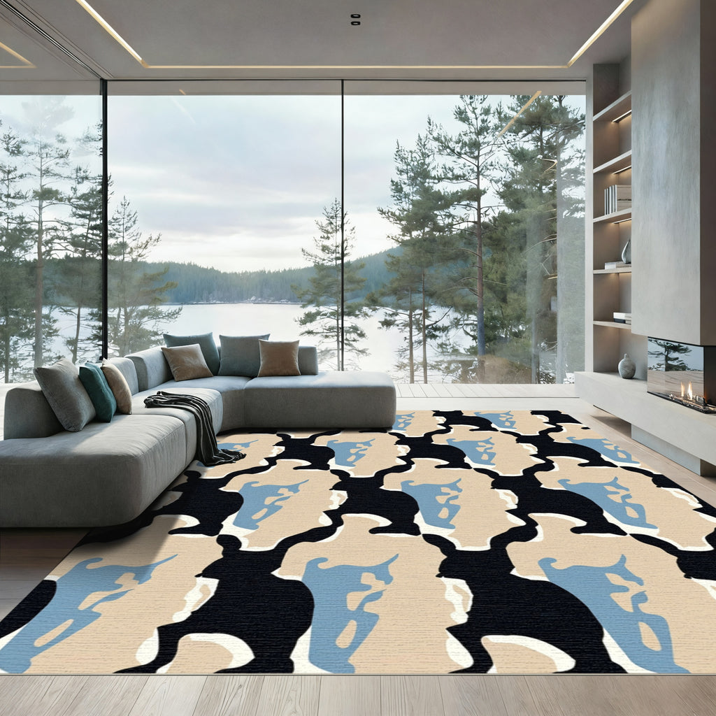 Black Tan Blue Abstract Silhouette Repeat Rug