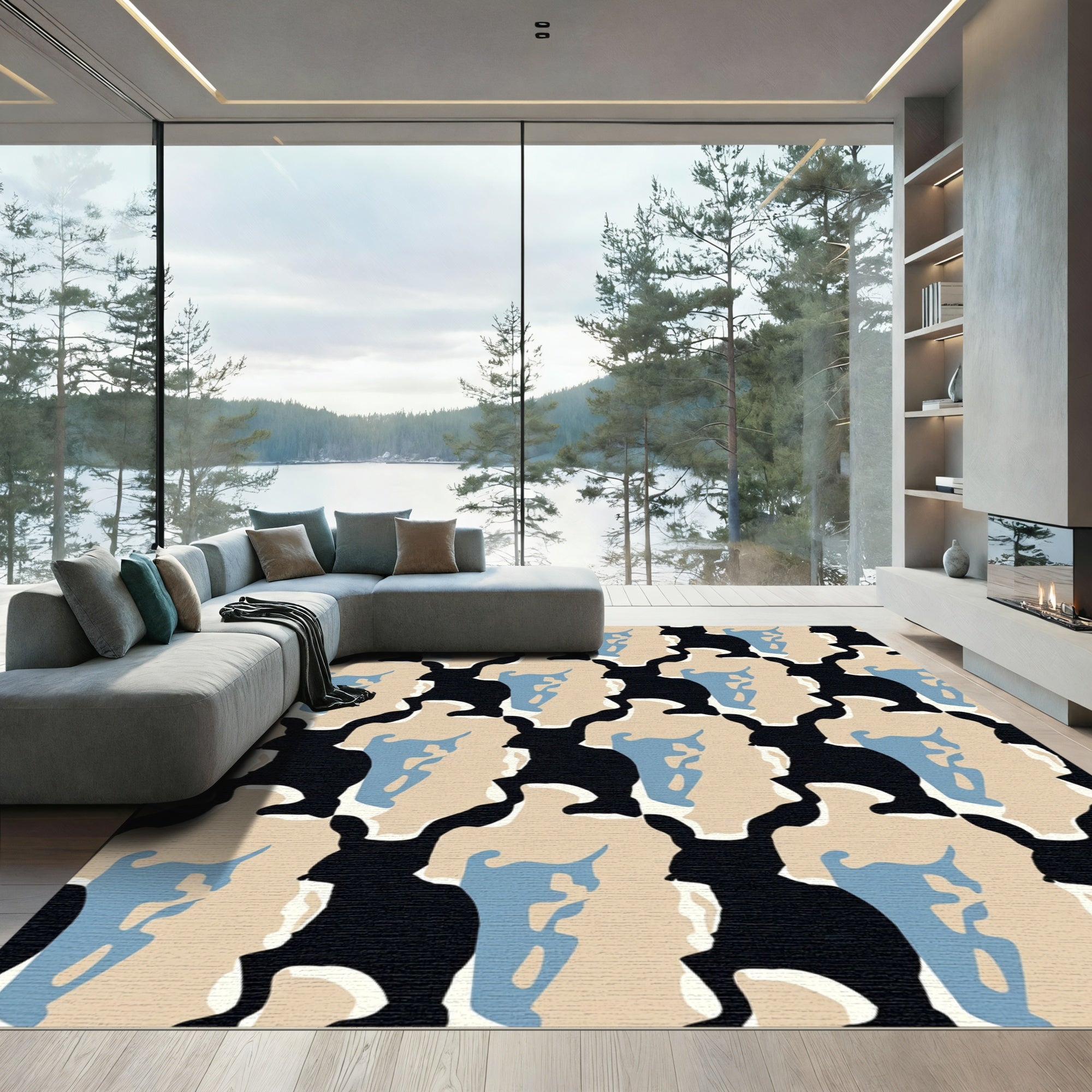 Black Tan Blue Abstract Silhouette Repeat Rug