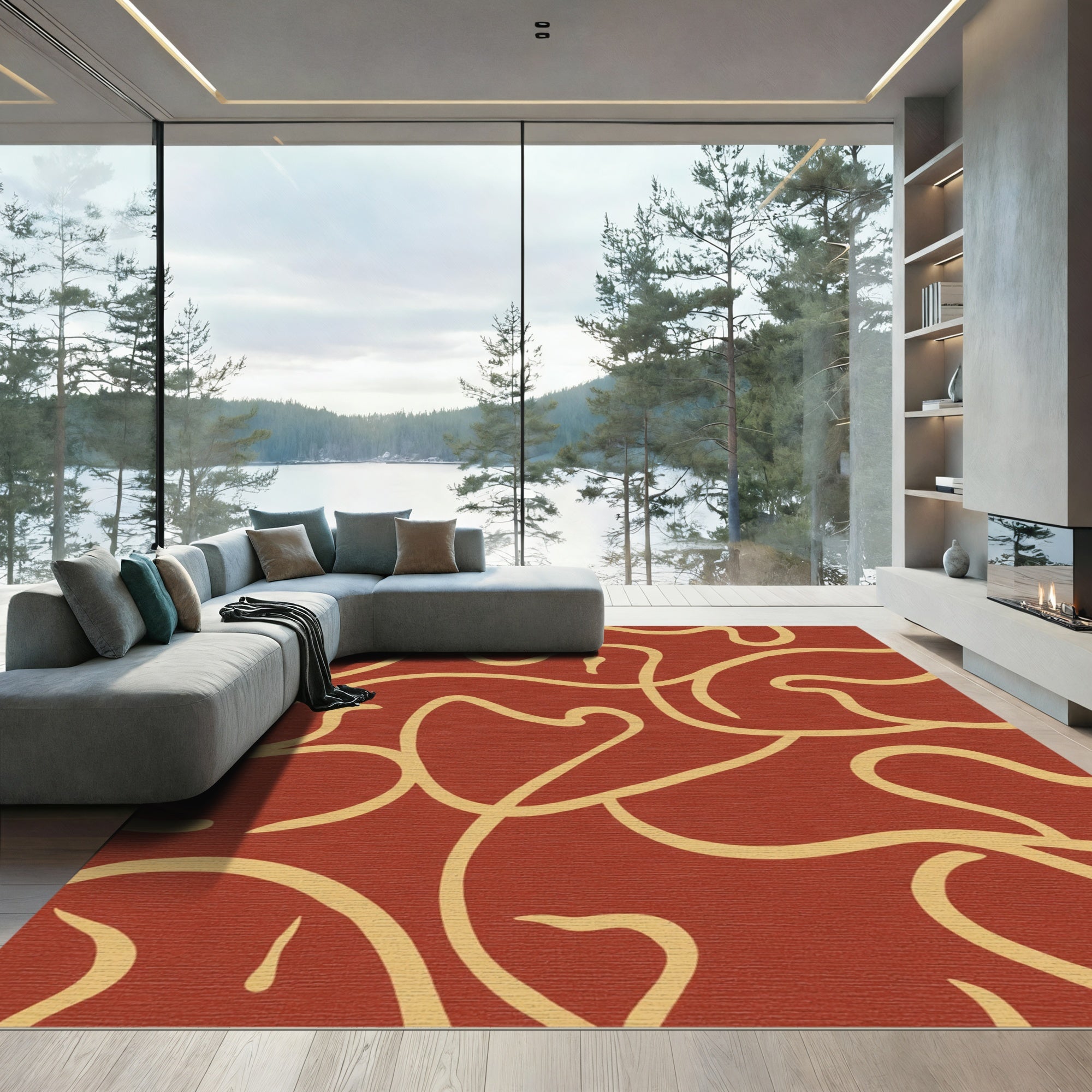 Terracotta And Ochre Abstract Swirl Rug