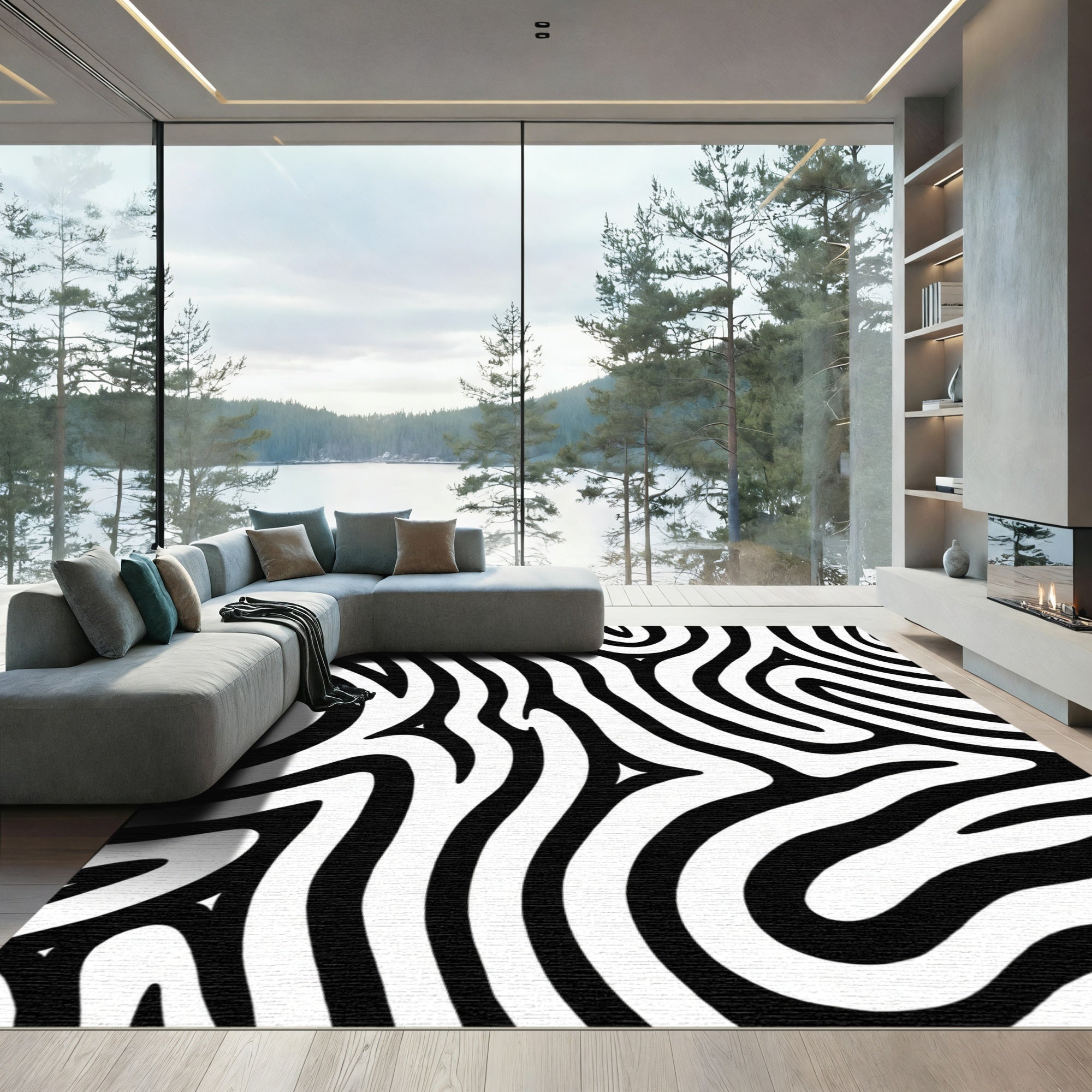 Abstract Black White Zebra Curves Rug