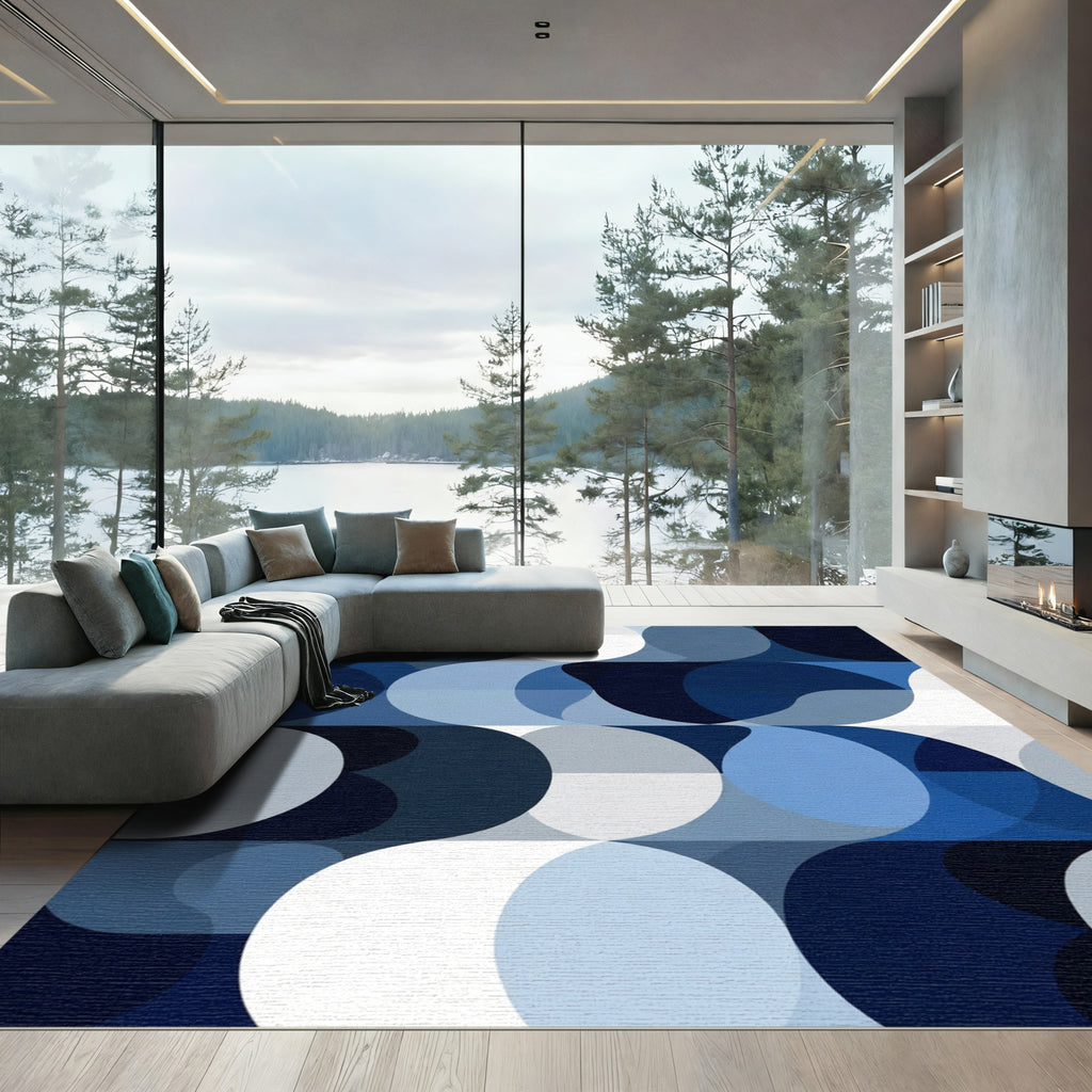 Modern Deep Blue Geometric Circles Rug