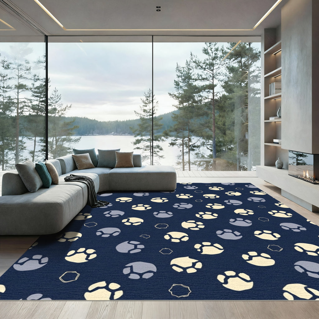Dark Blue Paw Print Rounds Rug