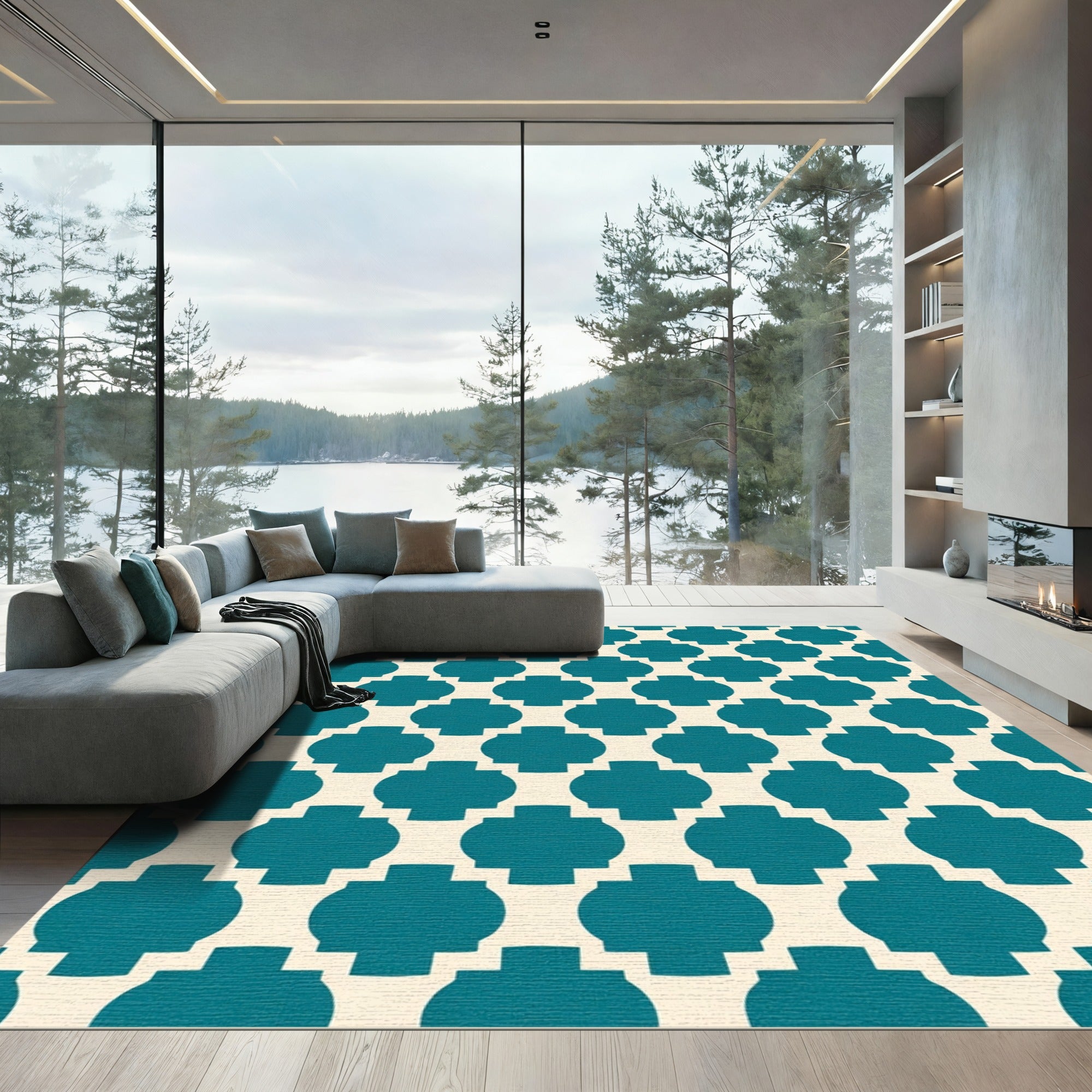 Teal Quatrefoil Geometric Overlay Rug