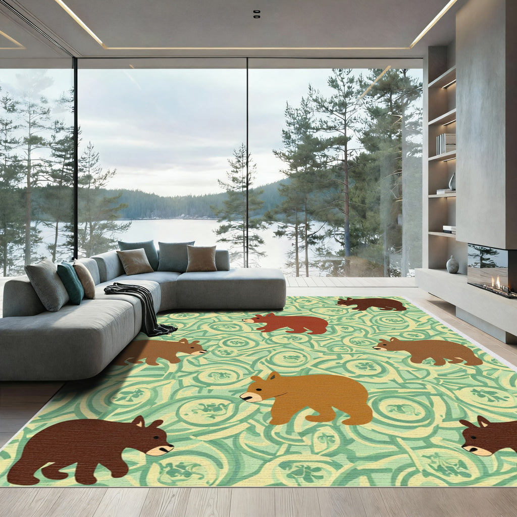 Whimsical Brown Bears Mint Swirl Rug