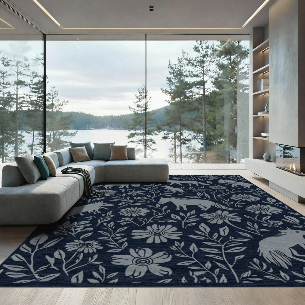 Gray Woodland Creatures Floral Folk Rug
