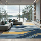 Serene Blue Golden Landscape Waves Rug