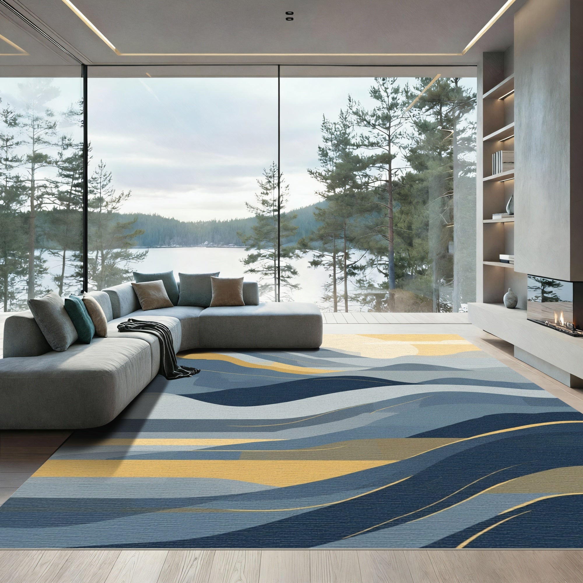 Serene Blue Golden Landscape Waves Rug