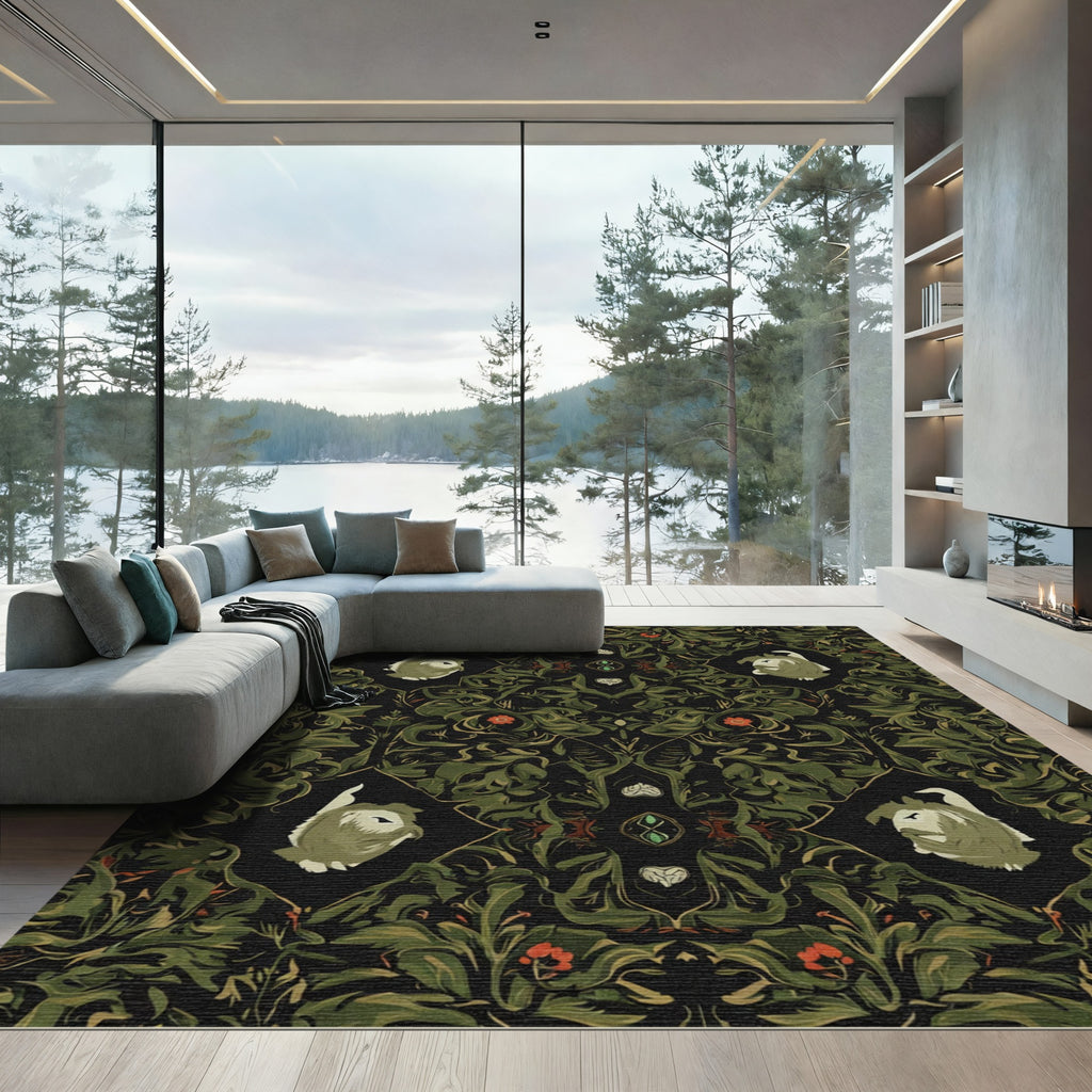 Dark Green Forest Creature Floral Arrangement Rug