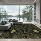 Dark Green Forest Creature Floral Arrangement Rug