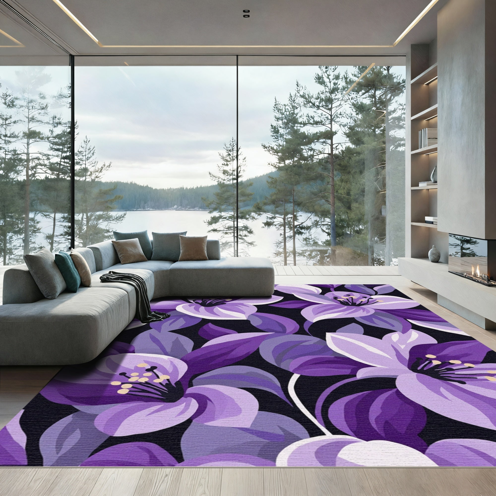 Deep Purple Floral Blossom Field Rug