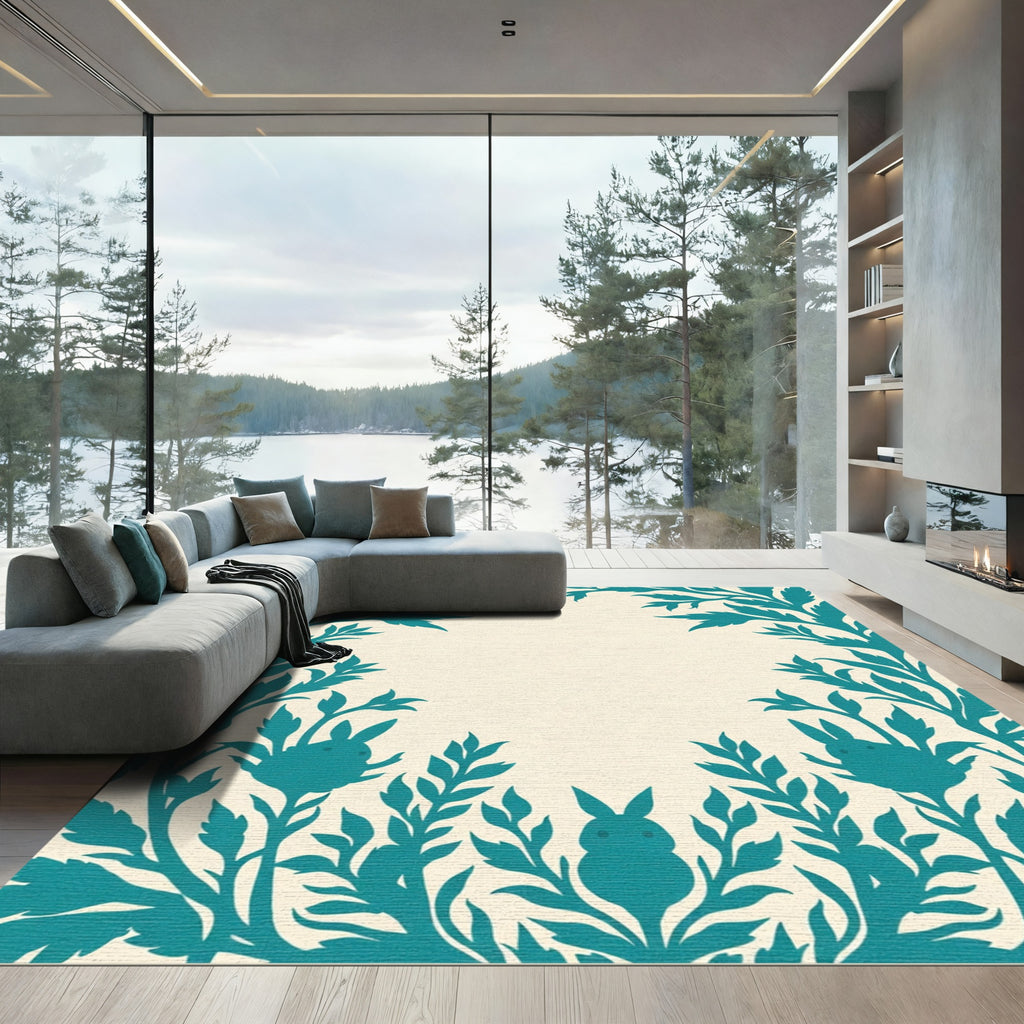 Teal Floral Bunny Border Rug