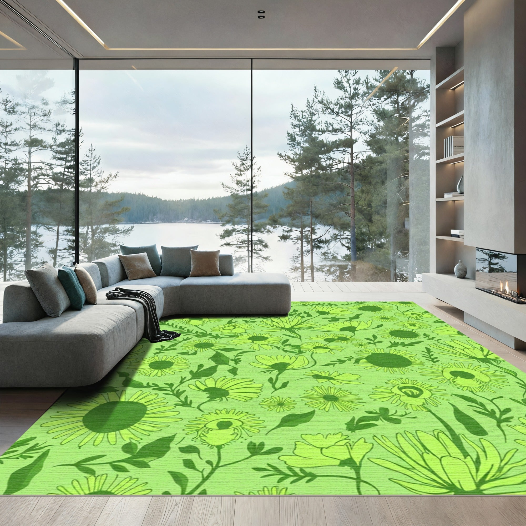 Lime Green Floral Cluster Rug