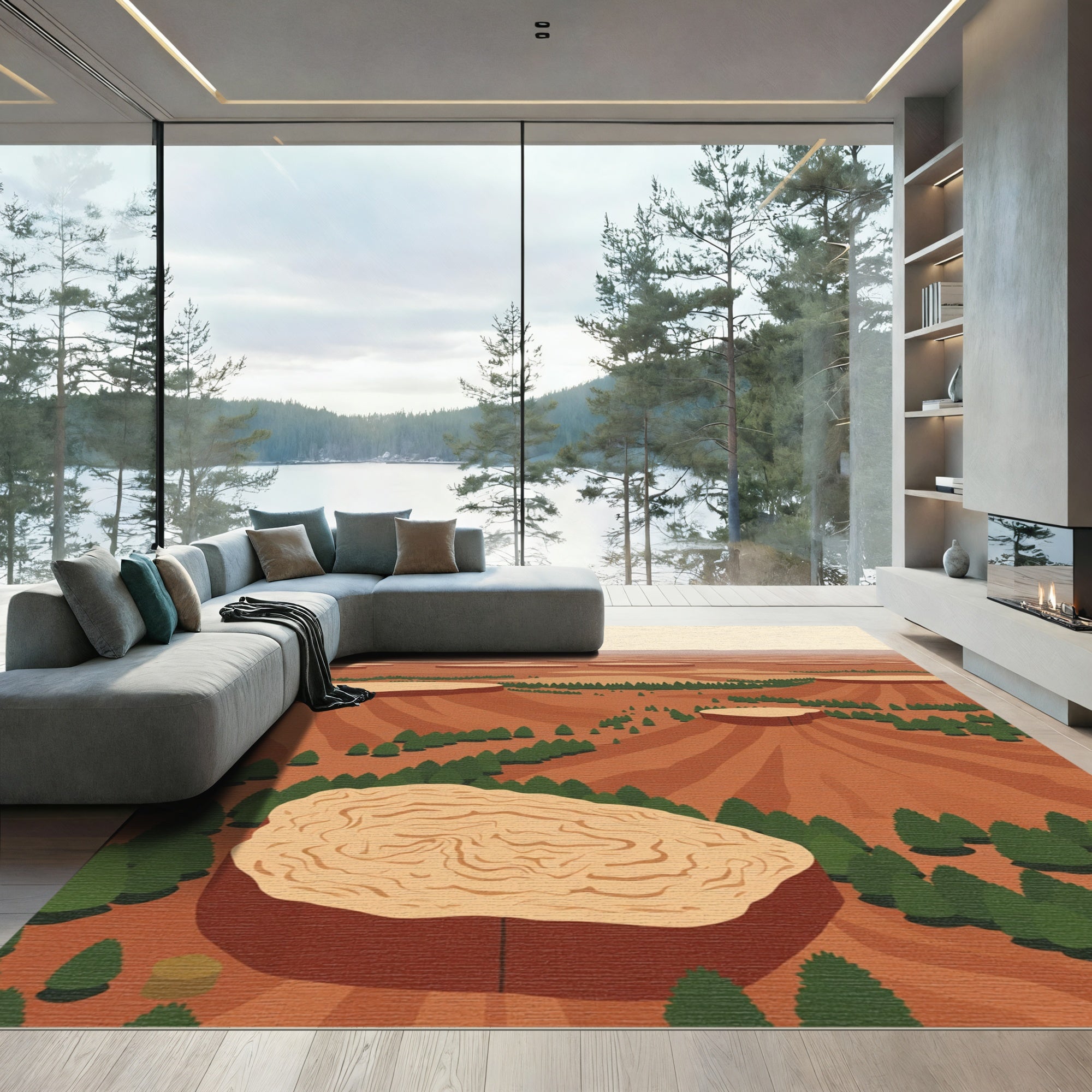 Canyon Landscape Geometric Terra Cotta Trees Rug