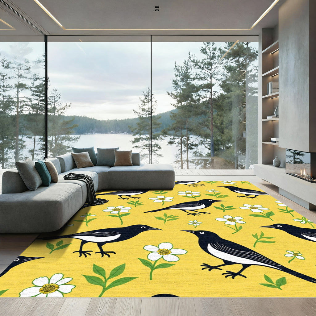 Yellow Black Bird Blossom Garden Rug