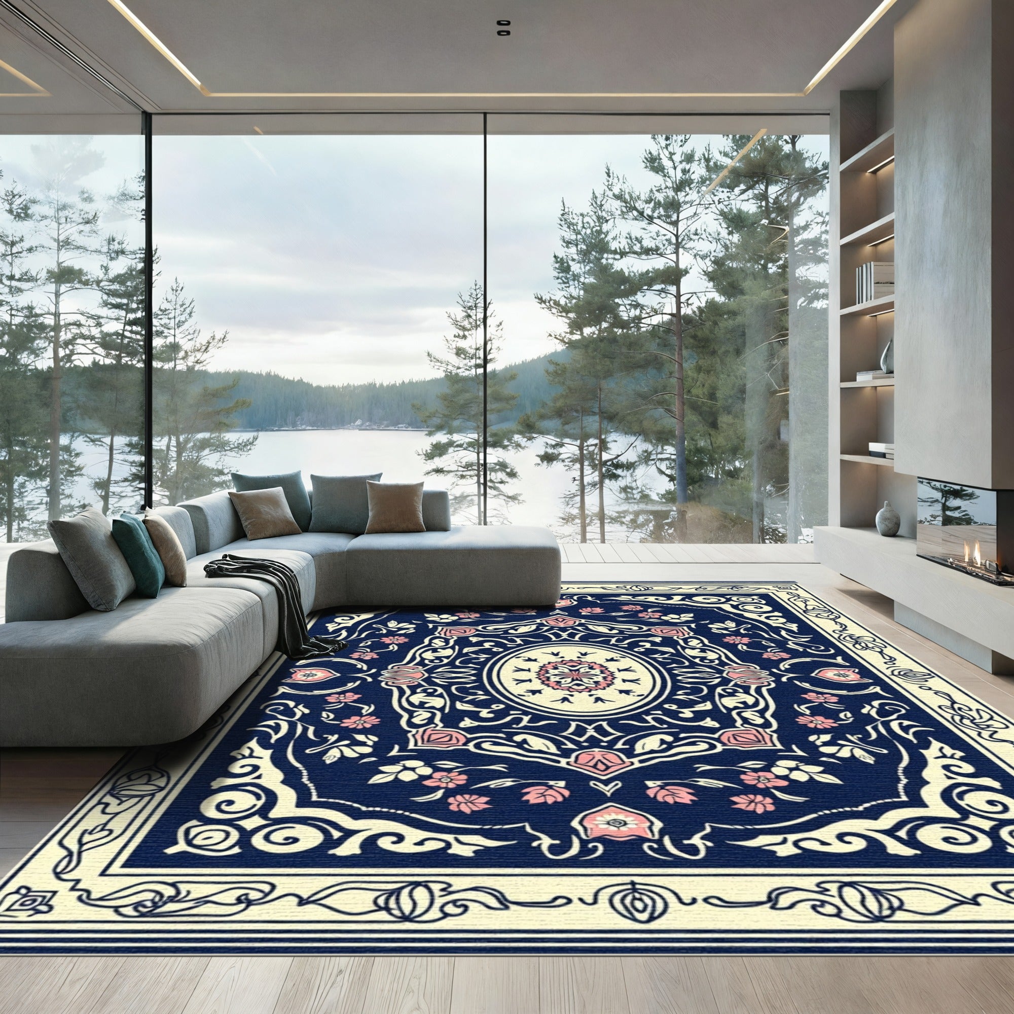 Navy Pink Floral Medallion Oval Rug