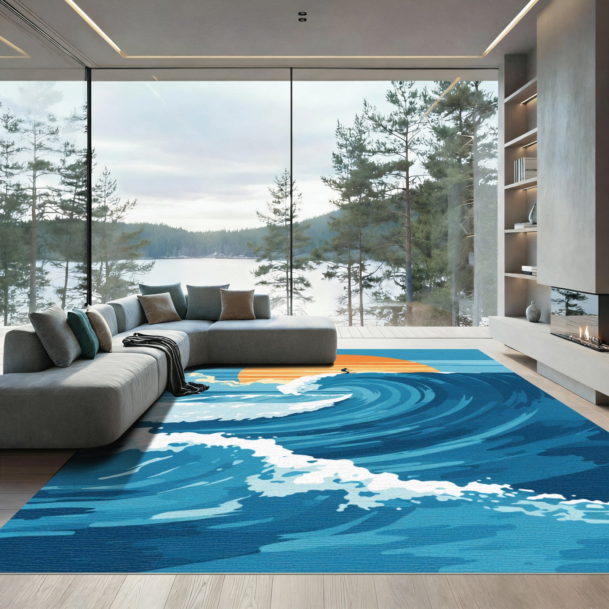 Surfer Riding Giant Orange Sun Wave Rug