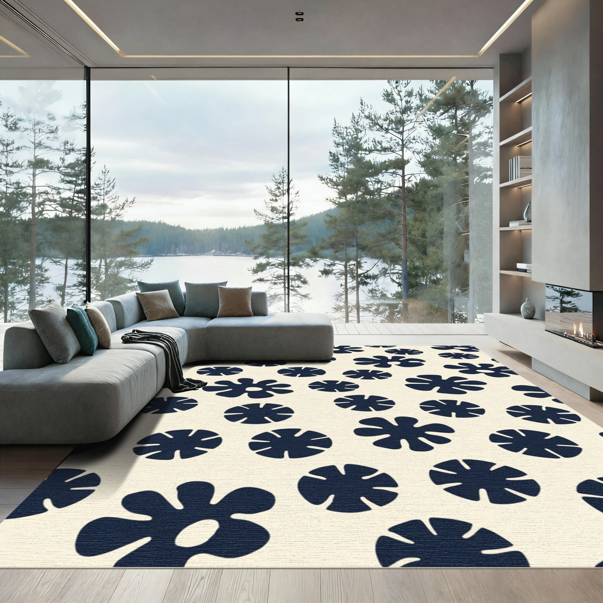 Navy Blossom Cream Field Rug