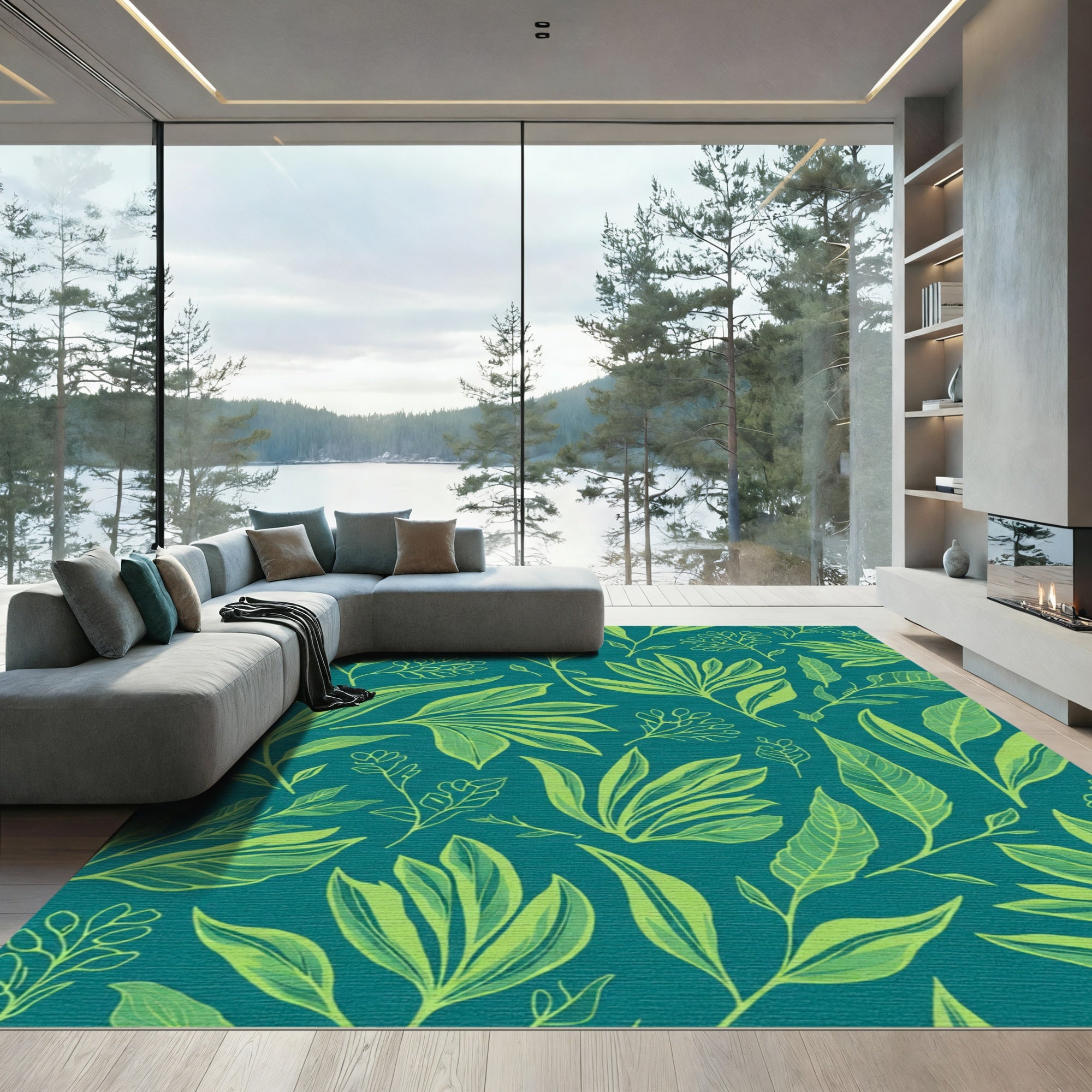 Teal Lime Leaf Botanical Arrangement Rug