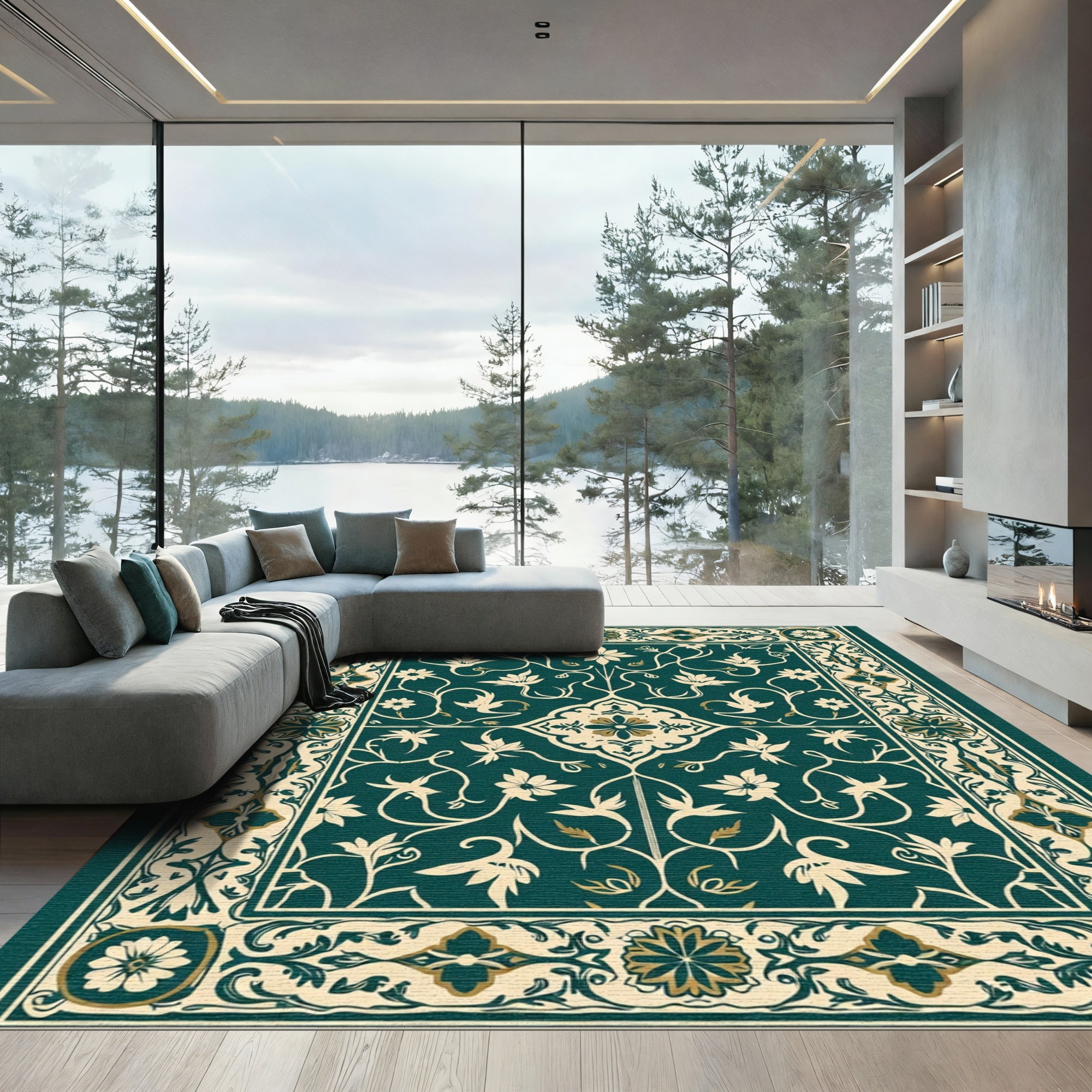Deep Teal Floral Vine Medallion Rug