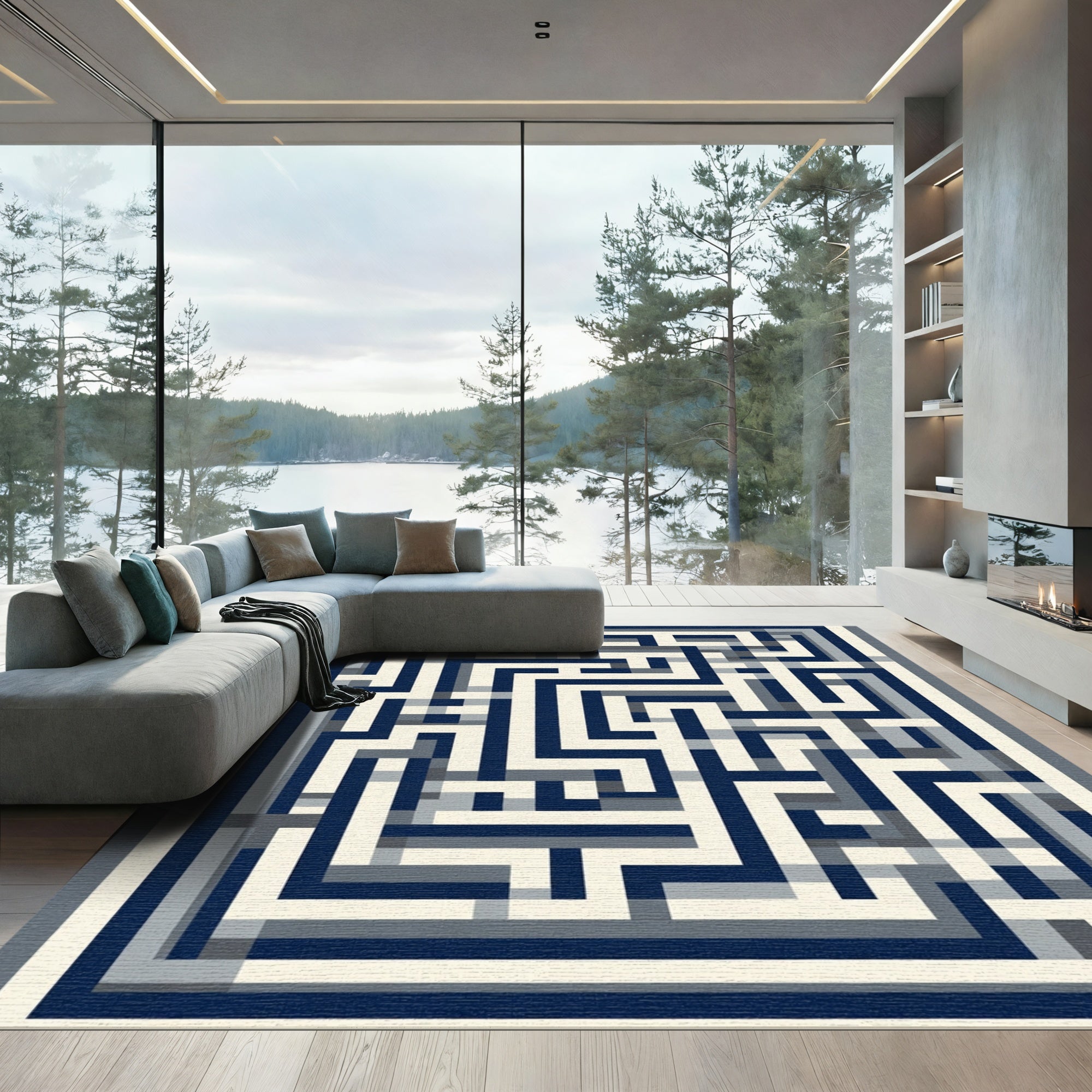Navy Cream Geometric Maze Rug