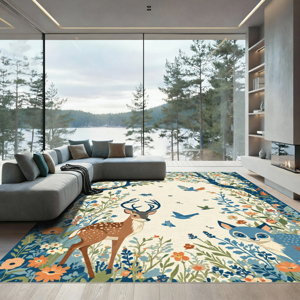 Whimsical Woodland Creatures Floral Painting Rug